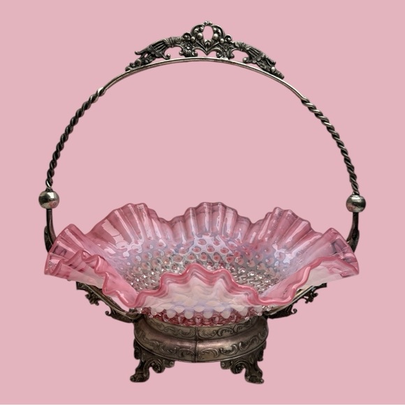 Fenton Other - Vintage Bride's Basket Fenton Pink Hobnail Ruffled Bowl with Metal Holder